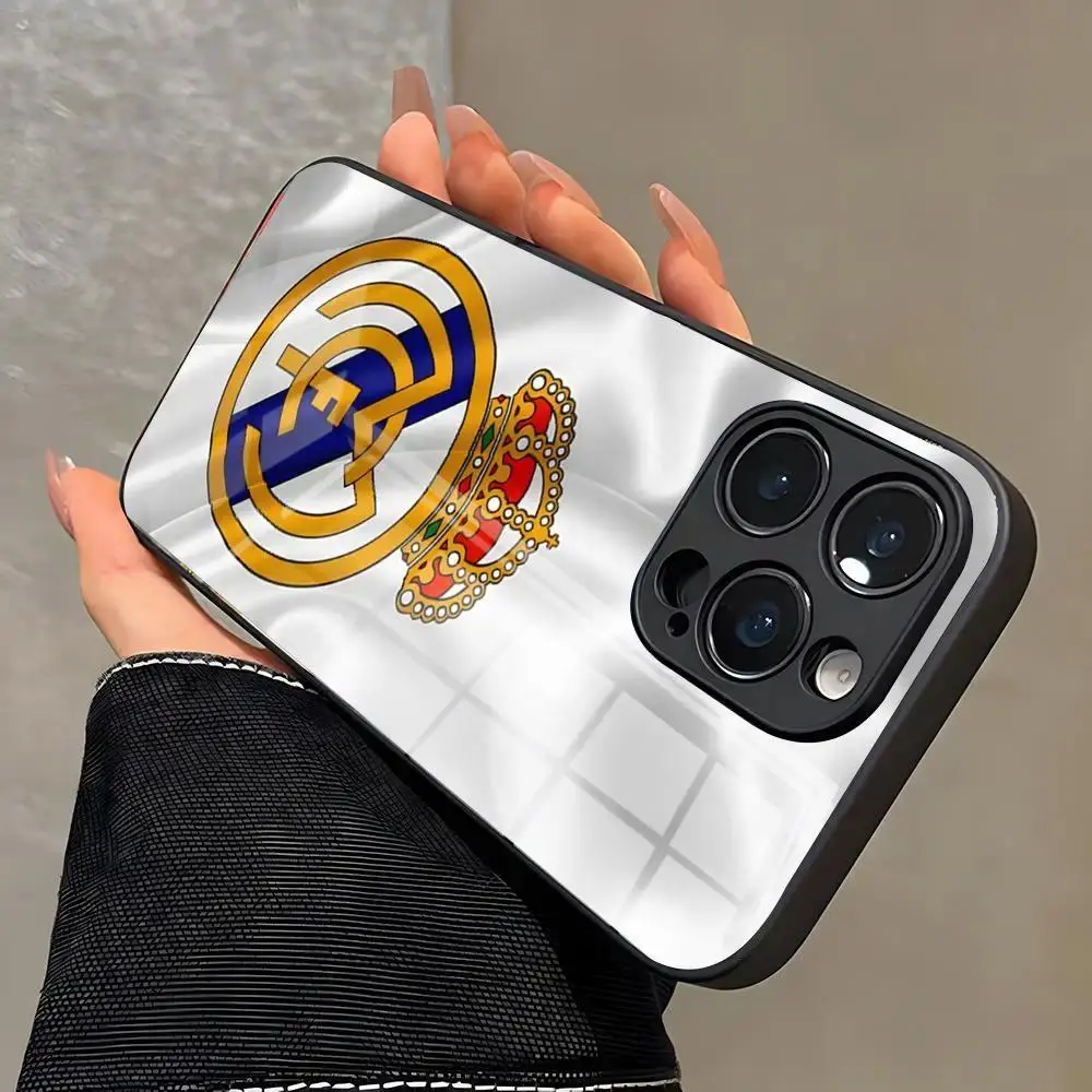 Football Crest Mirror Glass Phone Case, Fan Shockproof Protective Cover Compatible with IPhone 11 12 13 14 15 16 17 &  Samsung Galaxy S26 S25 S24 S23 S22 Glass Cover