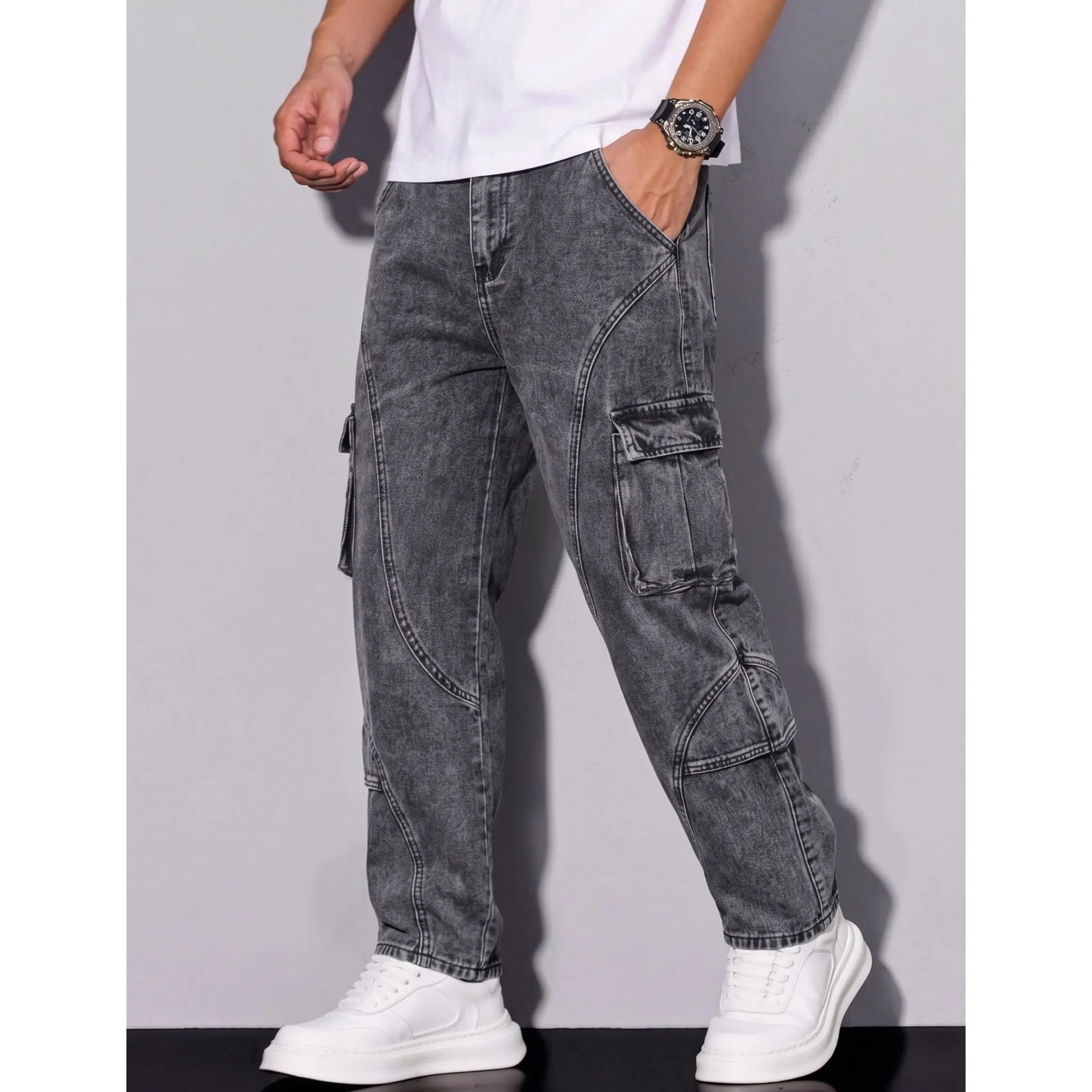 Men's Acid Wash Charcoal Denim Cargo Jeans,High-Street Curved Paneled Utility Pants,Y2K Streetwear Curved Stitching Trousers,Summer Casual Skater Bottoms