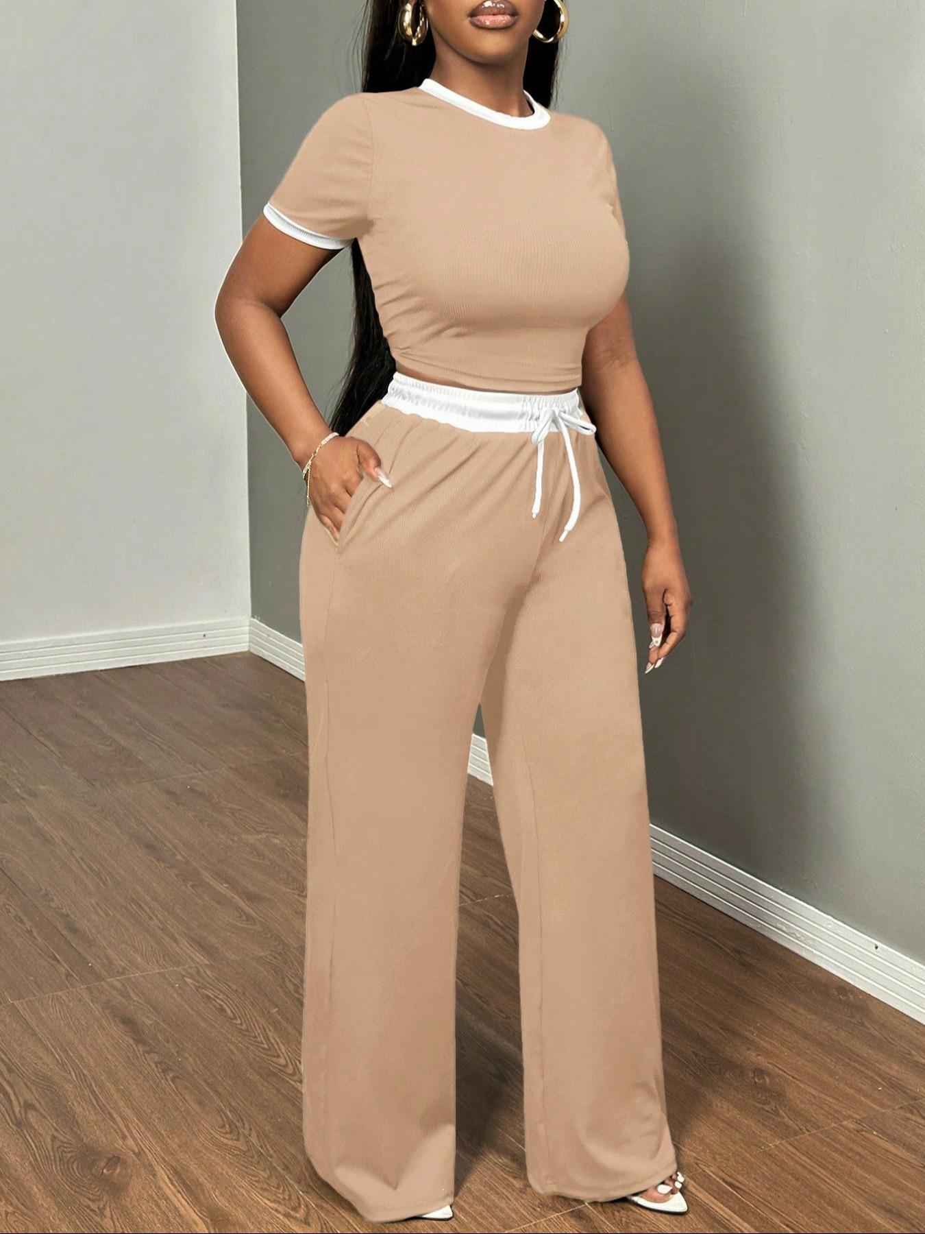 Women's Casual Colorblock Slim Fit Round Neck Short Sleeve Top & Drawstring Waist Side Pocket Pants Two-Piece Set Outfit