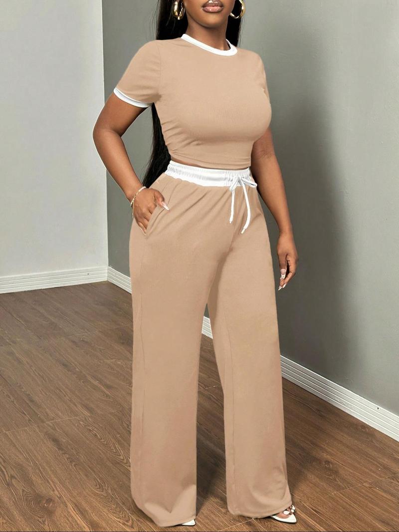 Women's New Casual Colorblock Slim Fit Round Neck Short Sleeve Top, Drawstring Waist Side Pocket Pants Two-Piece Set