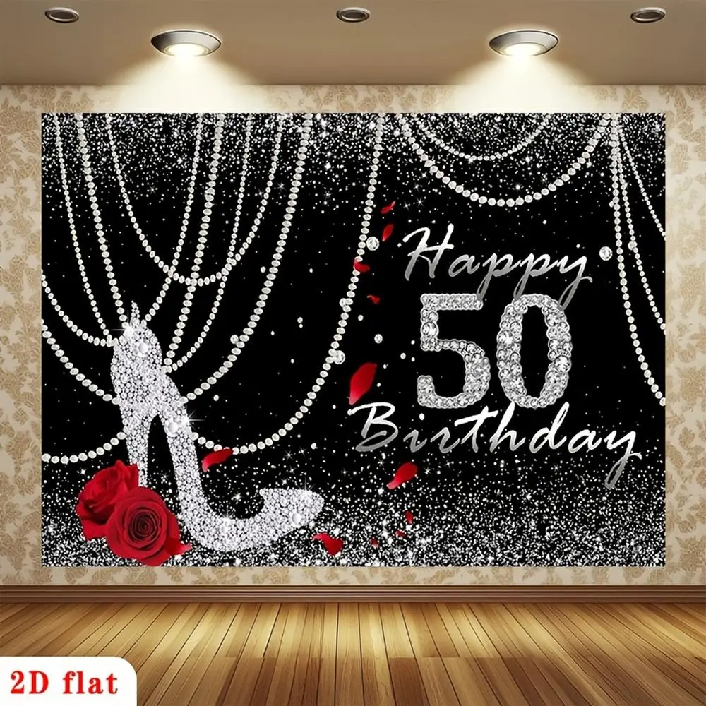 1pc 2D Flat Silver Sparkle High Heel Red Roses Black Background Polyester Party Banner, Durable Soft 50th Birthday Backdrop for Garden, Home Decor (No Electricity Needed), Glamorous, One-Piece