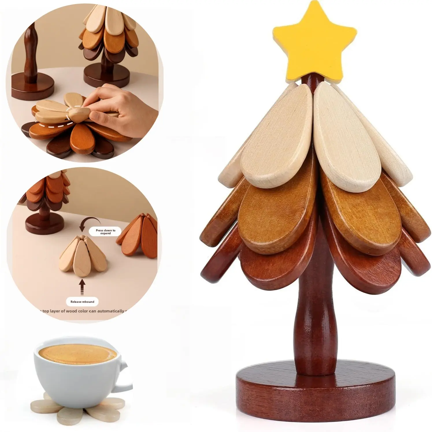 Wooden Tree Coaster Set with Stand, Rustic Aesthetic Vintage Style Foldable Heat Resistant Non-Slip Hot Pads Trivet Mat for Coffee Mug Tea Cup Dining Table Kitchen Decor Coffee Bar Housewarming Gift Idea