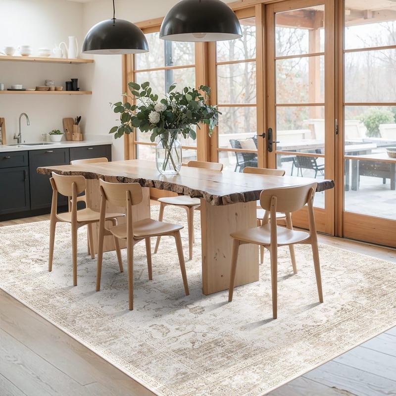 Area Faux Cashmere Rug 5x7, Washable Rugs for Living Room, Vintage Boho Beige Rug for Office, Dining Room, Kids Room and Farmhouse, Durable Low Pile Non-Slip Area Rug for High Traffic Areas