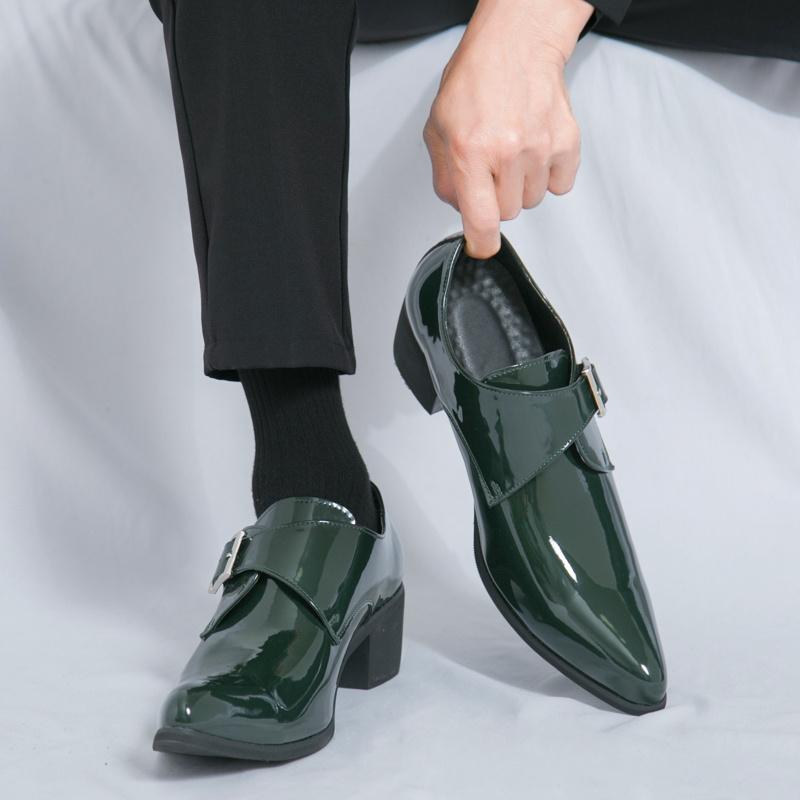 2025 Men's High Heels New British Style Pointed Retro Luxury Black Green, Suitable for 11 Festival Occasions