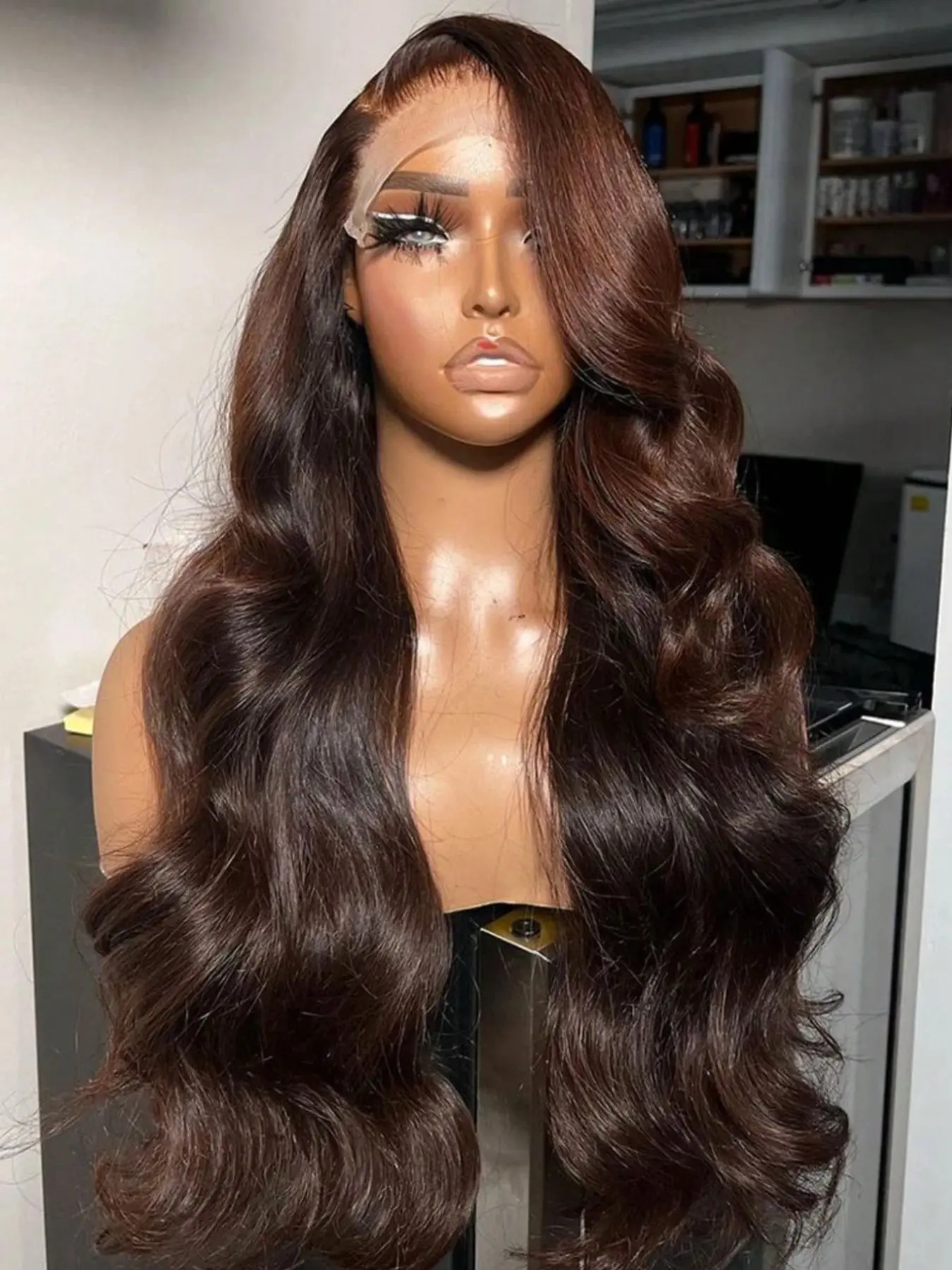 28Inch Body Wave 13x6 Lace Front Wig Chocolate Brown HD Transparent Lace Frontal Wigs Synthetic Hair Pre Plucked Wavy Wig 200% Density Brown Wigs For Women Daily Wear