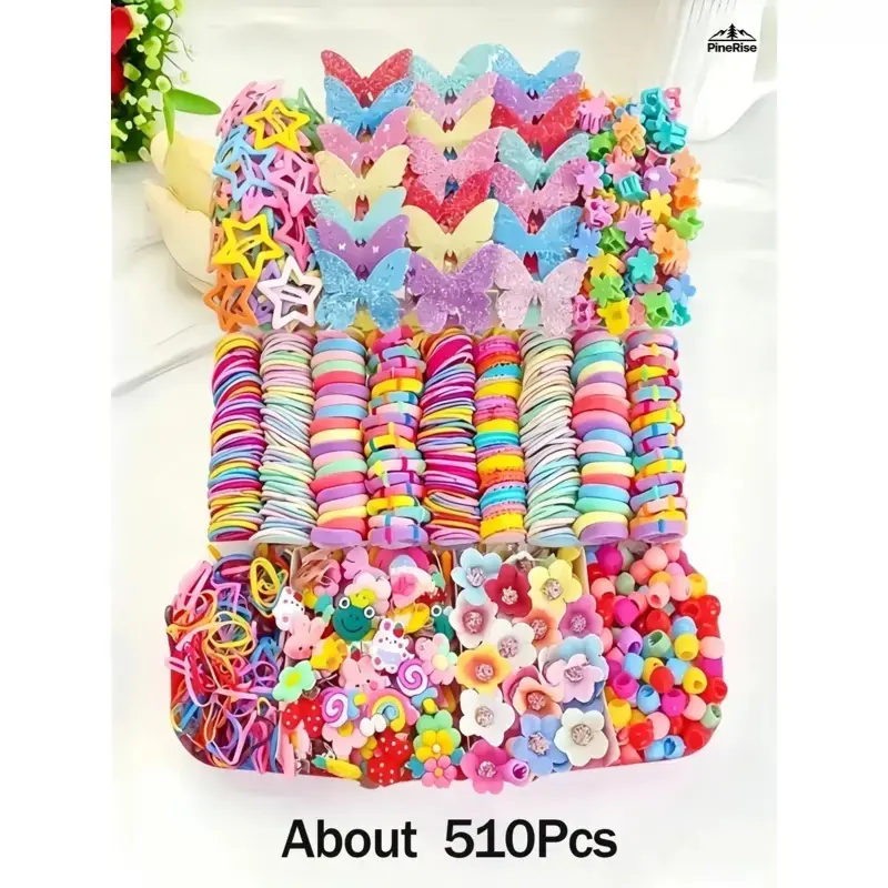 510 Pieces Polyester Hair Accessory Set Pink Butterfly Princess Style High Elastic Hair Ties Star Flower Jaw Clips For Daily Hairstyle DIY Indoor Leisure Styling Outdoor Activities