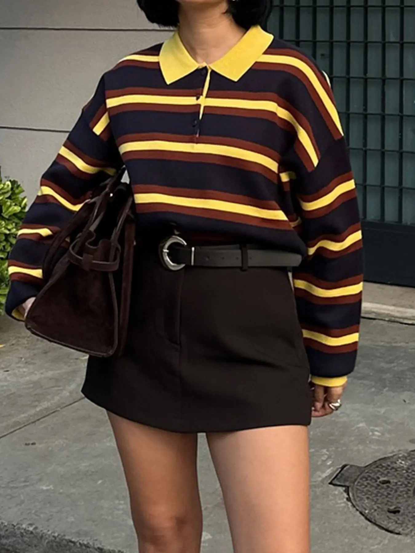 Women's Fall Winter Retro Vintage American College Casual Style Striped Polo Knitwear Tops, Lapel Three Button Drop Shoulder Long Sleeve Sweater, Soft Touch Thin Fabric
