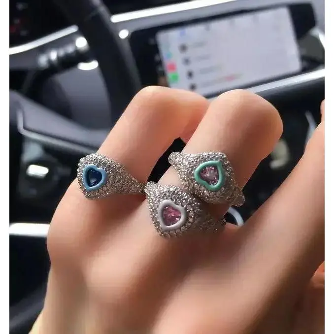 2022 New Valentines Gift Women Wedding Engagement Pastel Color Enamel 3 Colors Heart Shaped Finger Ring