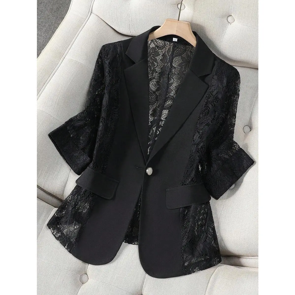 Sheer Black Blazer Jacket For Women, Lightweight Summer Casual Office Top, Short Petite 3/4 Sleeve Suit Spring, Office Siren