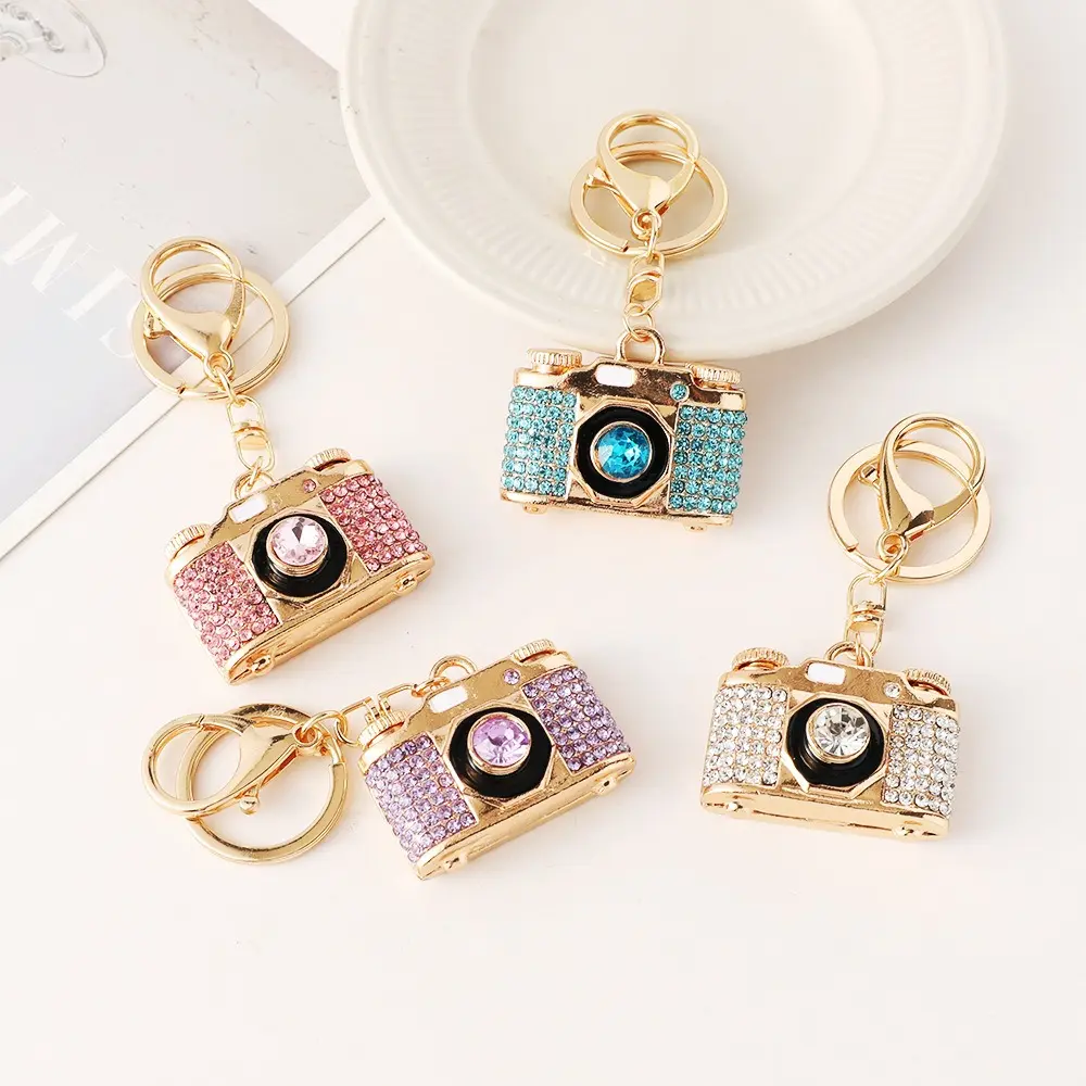 Women's Stainless Steel Sparkly Rhinestone Camera Keyring, Fashion Accessory Bag Charm Pendant, Gift Ideas for Daily Wear