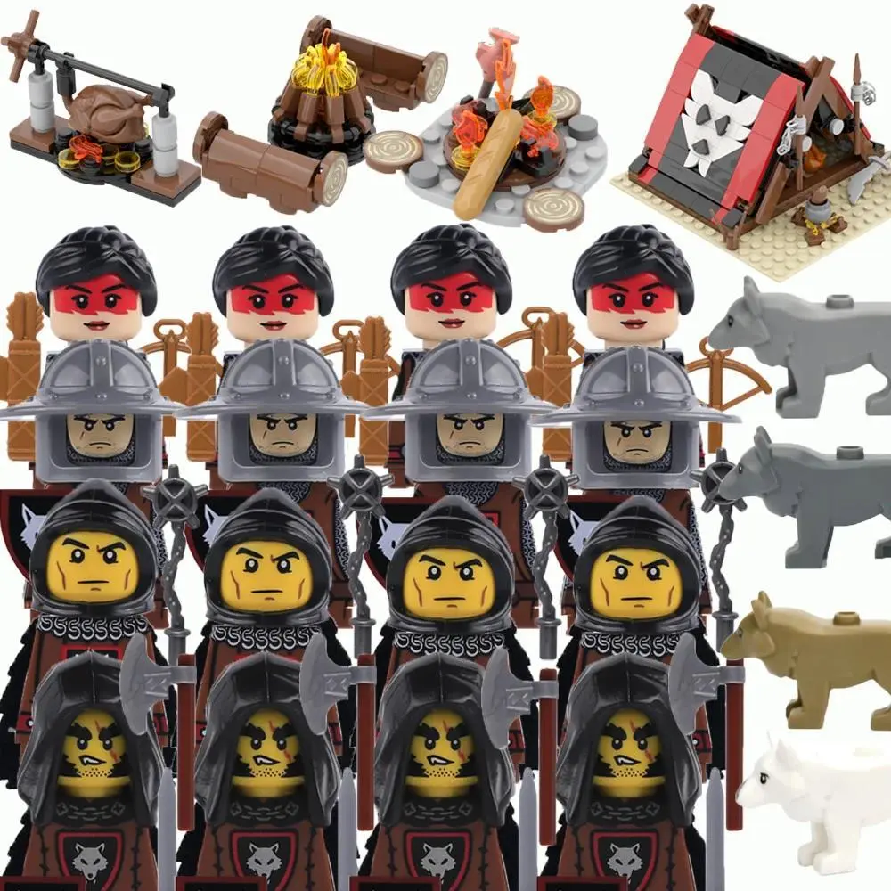 2026 new hot item Wolf Knight Warrior Building Blocks – Medieval Castle Horse Soldier Toy with Sword, Axe, Bow, Shield & Cloak for Boys
