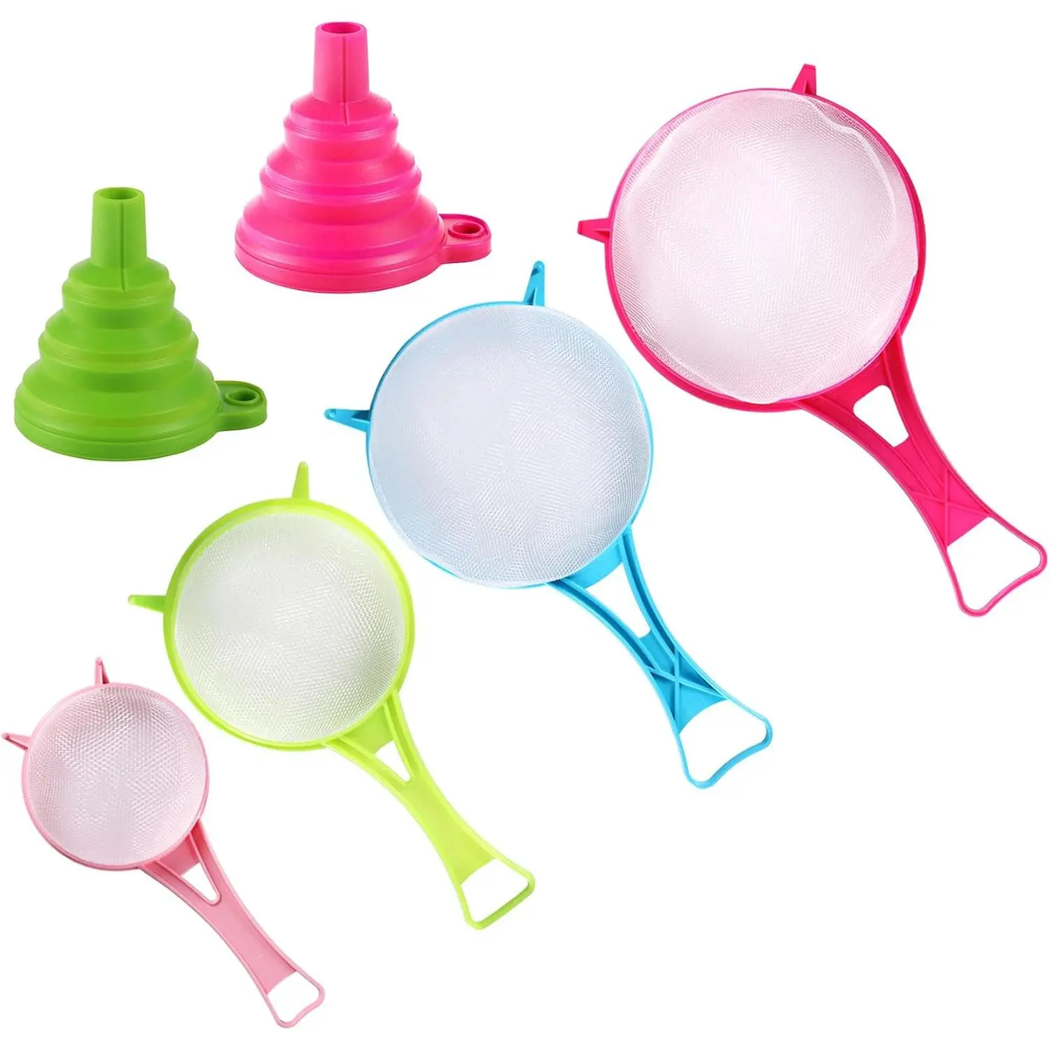 4 count Plastic Mesh Strainer Colander Set,  Soy Milk Flour Sieve Long Handle Icing Sugar Sifters Fine Strainer  Filter and 2 count  Foldable Funnel for Kitchen