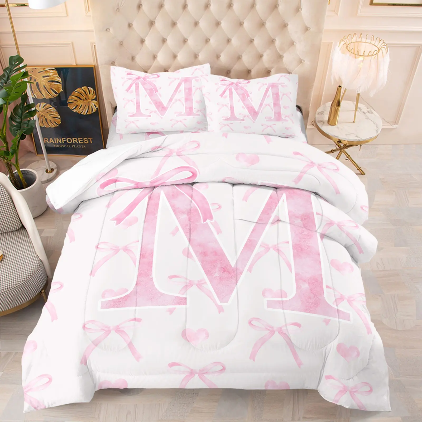 Custom Pink Watercolor Letter M Bow Heart Comforter Set, 1 Comforter + 1/2 Pillowcases, 26 Alphabet Personalized Ribbon Print Bedding, Durable Material Soft Comfy Bed Set, Machine Washable, All Season Gift Decor for Girls Teens Women