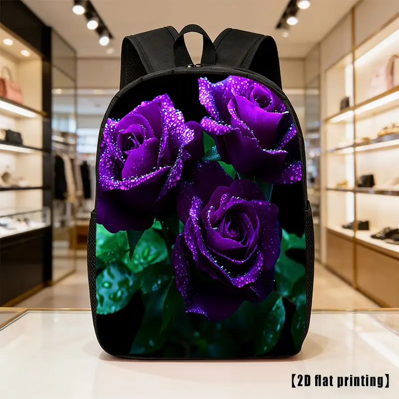 Unisex Stretch Poly Casual Backpack with Purple Rose Dewdrop Print, Adjustable Straps, Side Pockets, Lightweight Spacious Design for Daily Use, Commuting, Outings, Zippered