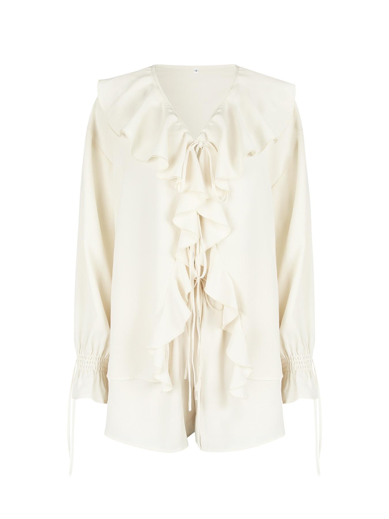 Women's Solid Ruffle Trim Blouse & Shorts Two-Piece Set, Casual Bishop Sleeve Long Sleeve Top & Shorts for Daily Wear, Ladies Two-piece Outfits for Summer