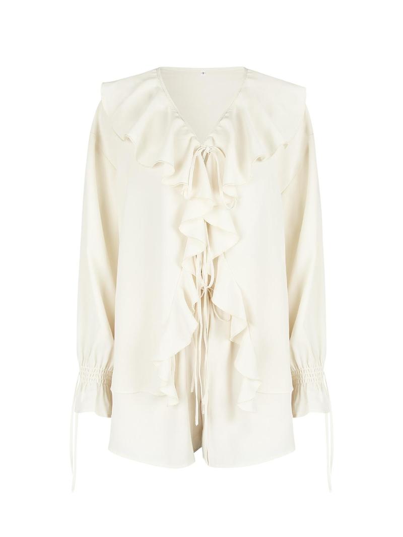 Women's Solid Ruffle Trim Blouse & Shorts Two-Piece Set, Casual Bishop Sleeve Long Sleeve Top & Shorts for Daily Wear, Ladies Two-piece Outfits for Summer