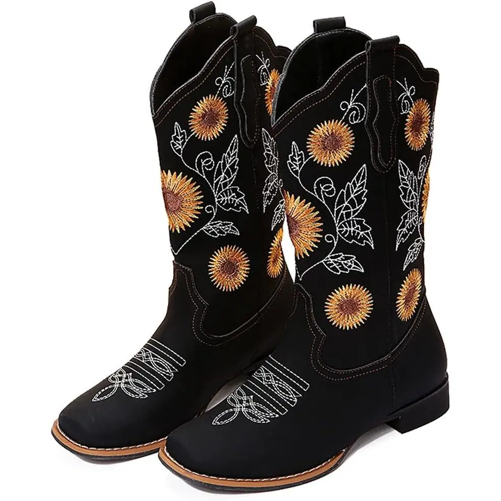 Women's Mid-Calf Cowboy Cowgirl Western Boots, Square Toe, Low Heel, Sunflower Embroidery Stitching, Cushioned Sole, Casual Wear, Black/Brown/Yellow, US6-10.5 Sports & Outdoor Hiking Footwear