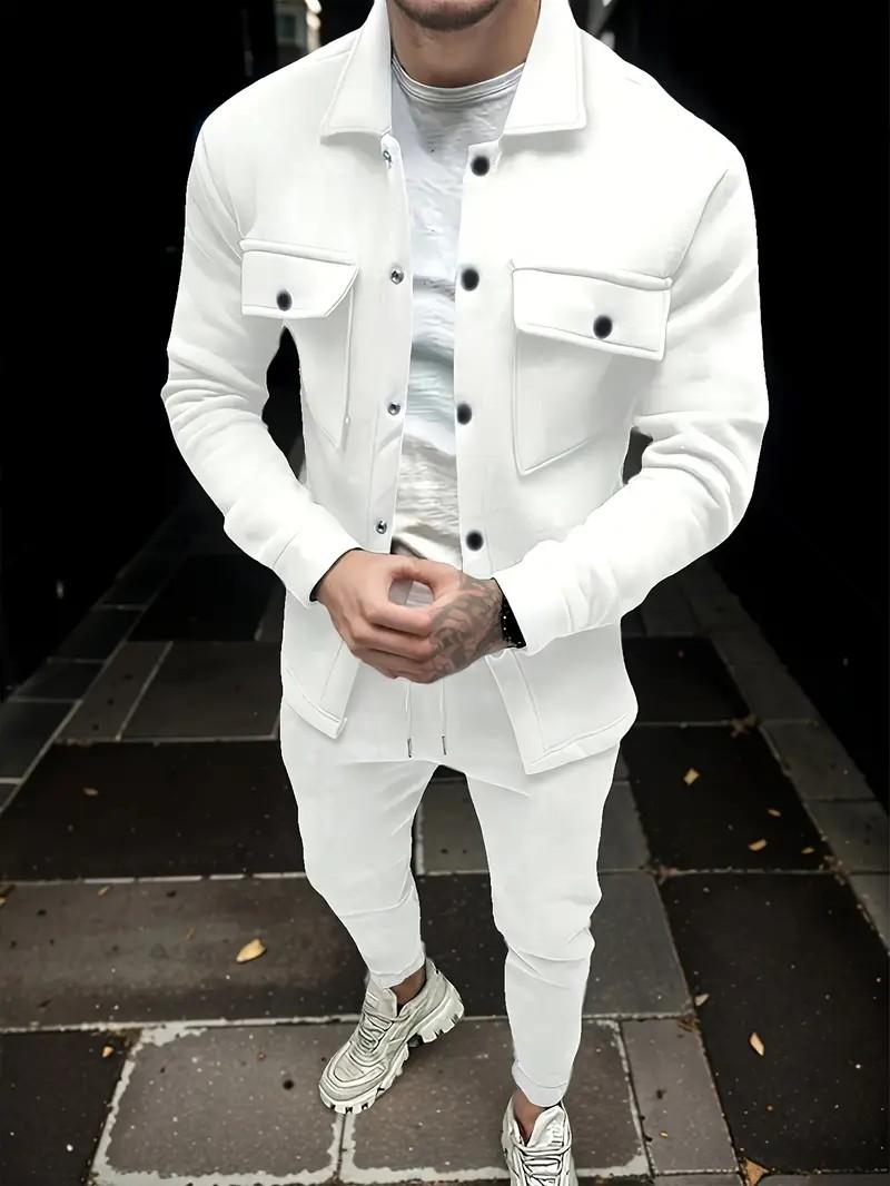 Men's two-piece set men's fashion solid color pocket open button lapel jacket and solid color set formal long sleeved