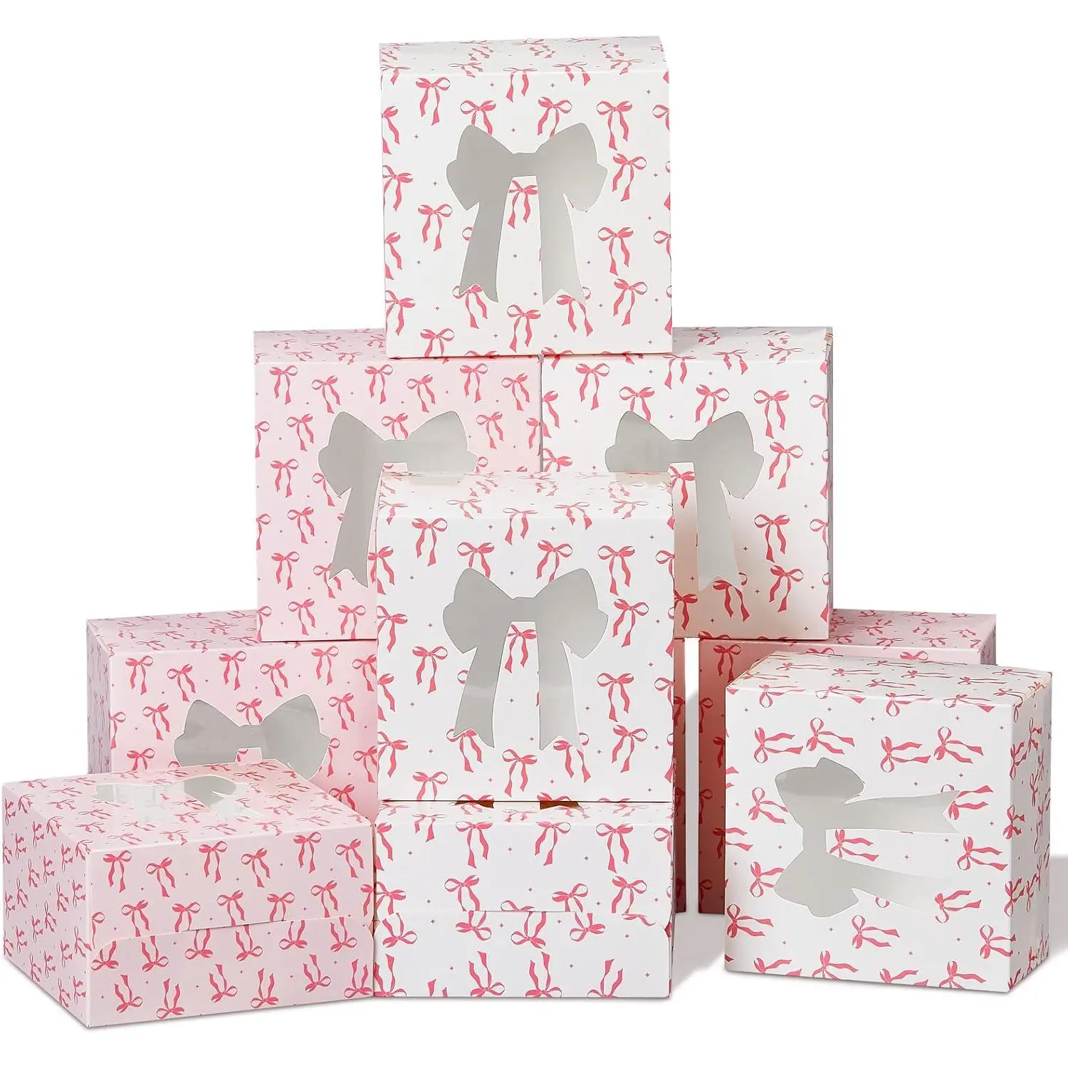 50 Pack  White Bow Cookie  Boxes with Window |  Bow Print, 5x5x3 in, Holds Pastry Donuts Macarons Cupcakes, for  Party, Birthday & Bridal Shower