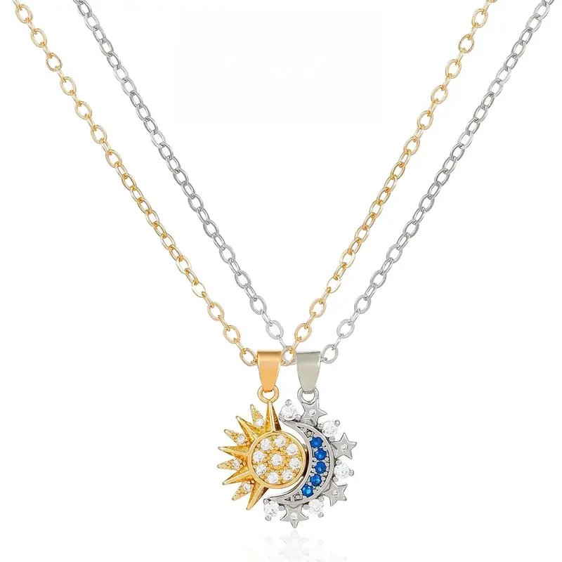 Sun and Moon Magnetic Pendant Necklace, Women's Style, Double Golden Star Necklace, Nickel-Free Copper Material, Lightweight and Comfortable, Elegant Jewelry Gift, Suitable for Parties, Love and Back to School, Hypoallergenic