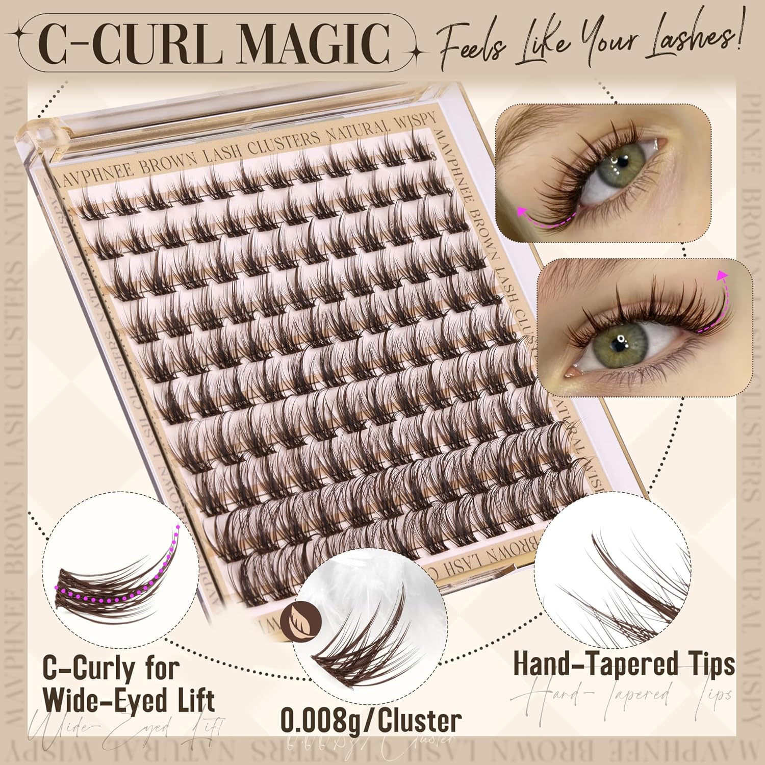 120 Lash Clusters, Natural Wispy Eyelashes, Mixed Lengths 8-16mm, D Curl, Fluffy, Transparent Band, DIY False Eyelashes, DIY Eyelash Extensions