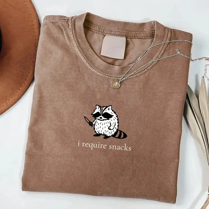 Casual Short-Sleeve Round/Crew Neck Cartoon Raccoon Tee - Funny Goblincore Snack Gremlin Top, Animal Lover Gift (Sports & Outdoor Clothing), Shortsleeve, Round Neck, Graphic, Loose-Fitting