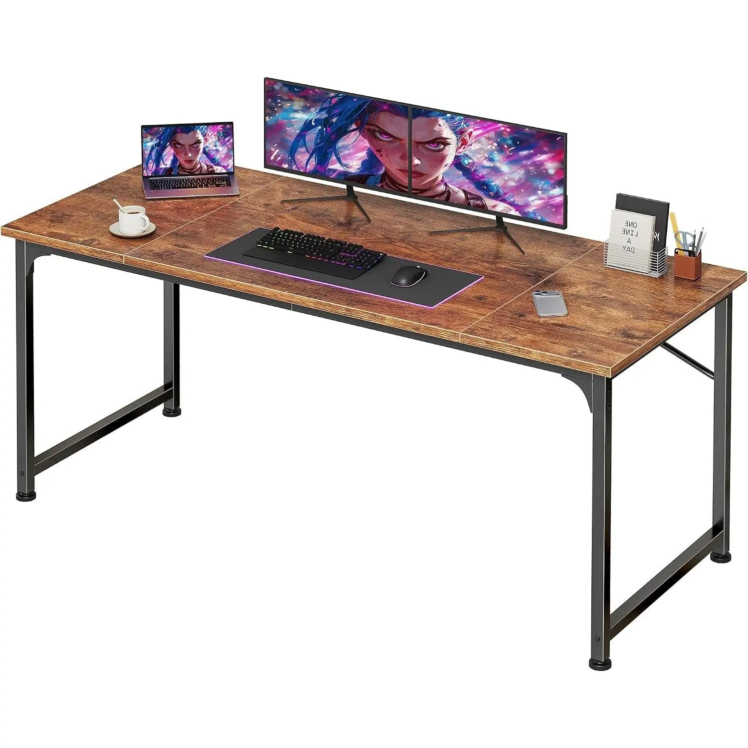 55 Inch Computer Desk, Home Office Desk with Spacious Desktop, Modern Gaming Desk, Writing Study Table for Bedroom, Small Spaces, Work from Home Desk with Metal Frame, Rustic Brown