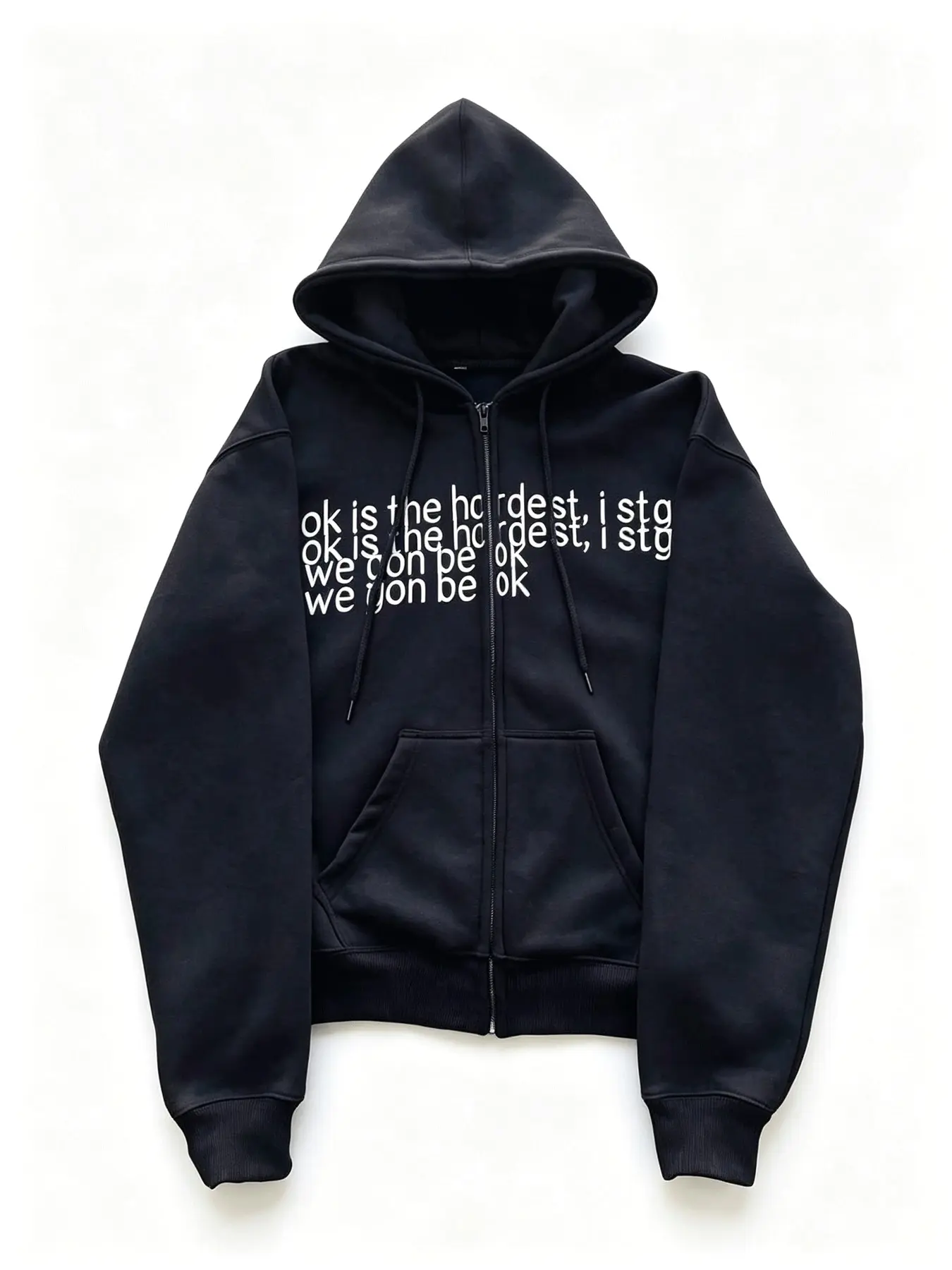 Men's Solid Black Full Zip Hoodie Jacket, Minimal Stacked Repeated Text Slogan Print Casual Y2K Streetwear Oversized Loose Hooded Sweatshirt with Front Kangaroo Pockets