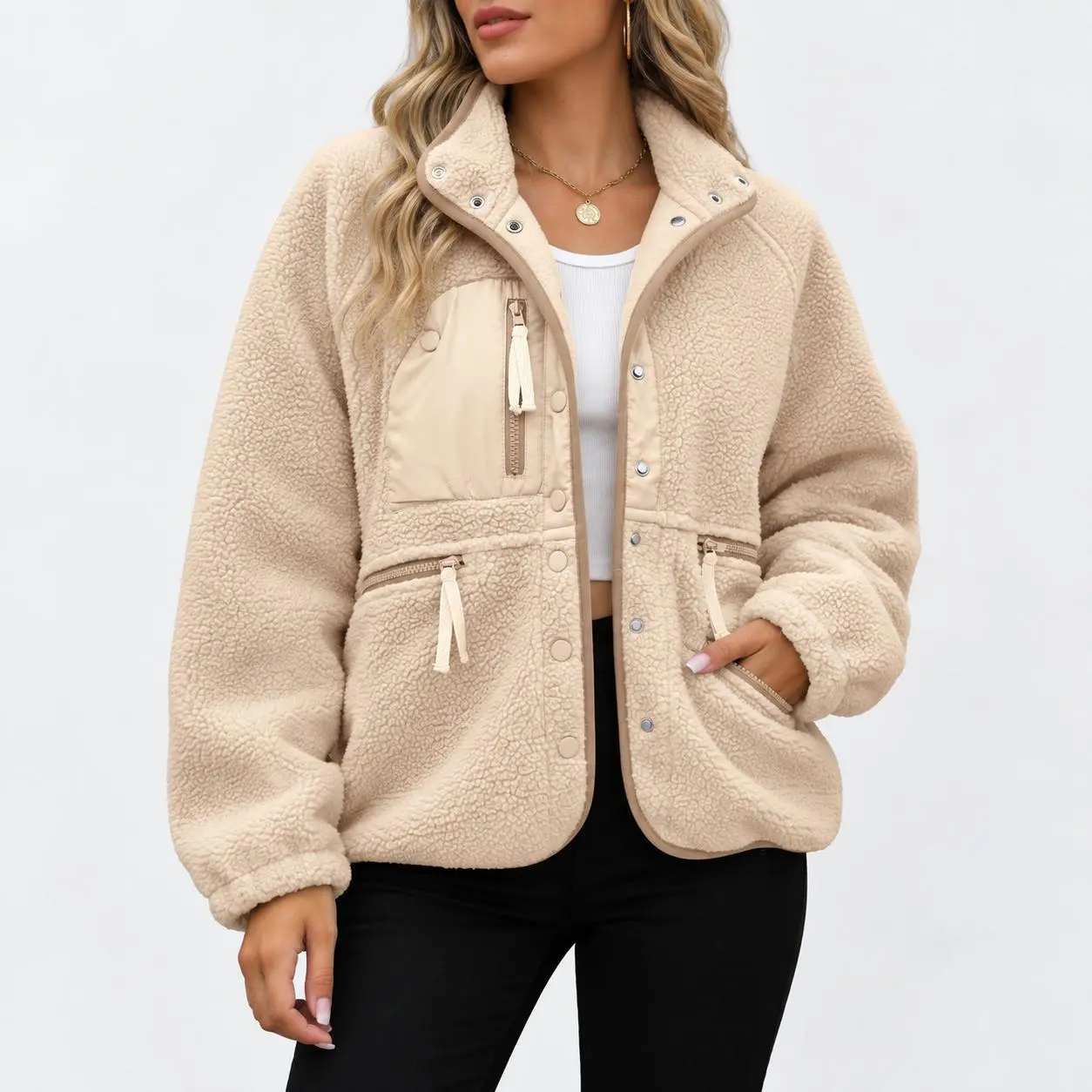 Women’s Cargo Sherpa Fleece Jacket - Comfortable Fabric Long Sleeve Cozy Stand Collar Snap Button Coat with Multi-Zipper Pockets, Relaxed Fit Teddy Outerwear for Everyday Wear, Fall Cold Weather