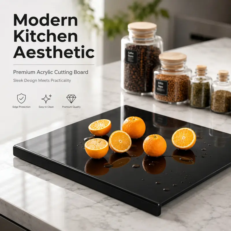 Modern Black Acrylic Cutting Board, featured with L-shaped barrier for stable placement and full protection of countertop. Combines minimalist design and great practicality.