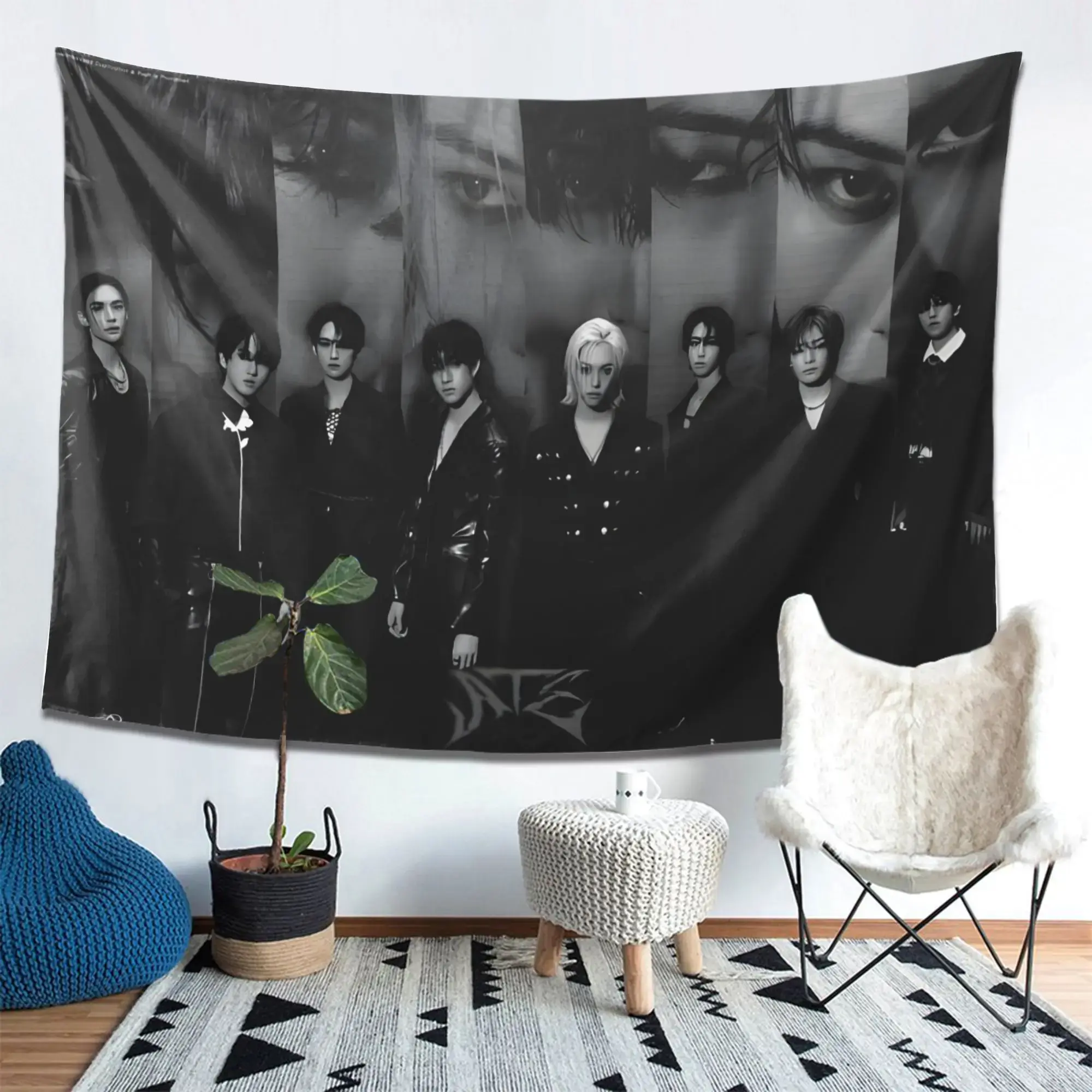 Black White K-Pop Group Portrait Tapestry, Dark Monochrome Music Collage Wall Hanging for Bedroom Dorm Living Room Studio, Moody Performance Aesthetic Home Decor Wall Art, Peach Skin Fabric, Multiple Sizes Available, Eye, Photo