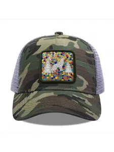 Mosaic Wolf Howling at Moon with Trees Camouflage Mesh Baseball Cap for Men & Women - Adjustable Snapback Trucker Hat, Breathable Back for Hiking, Fishing, Camping, Golf & Casual Outdoor Attire Camouflage Random
