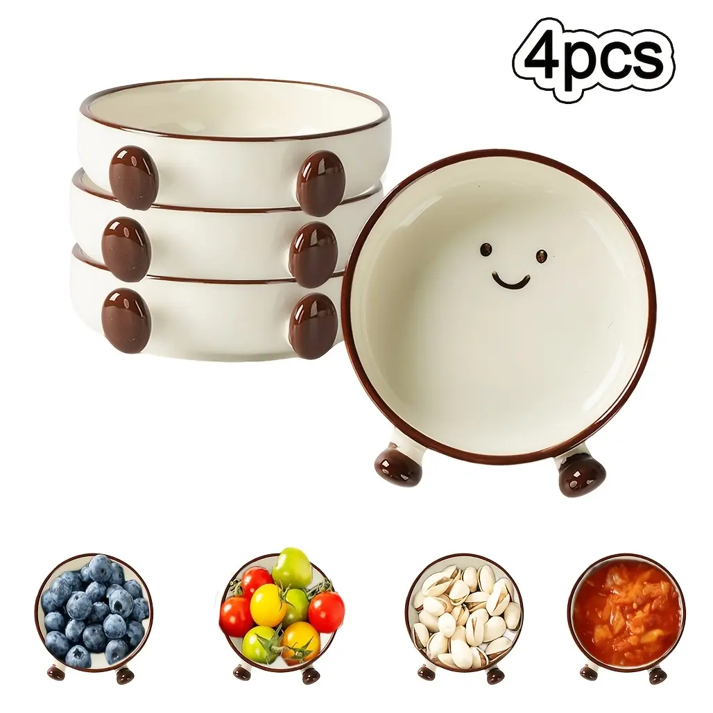 Set of 4 Stackable 3.3-inch Side Dishes with Cute "Little Feet" Design – Ceramic Soy Sauce/Dipping Bowls; Suitable for Ketchup, Sushi Condiments, and Appetizers; Perfect for Dinners, BBQs, and Parties.