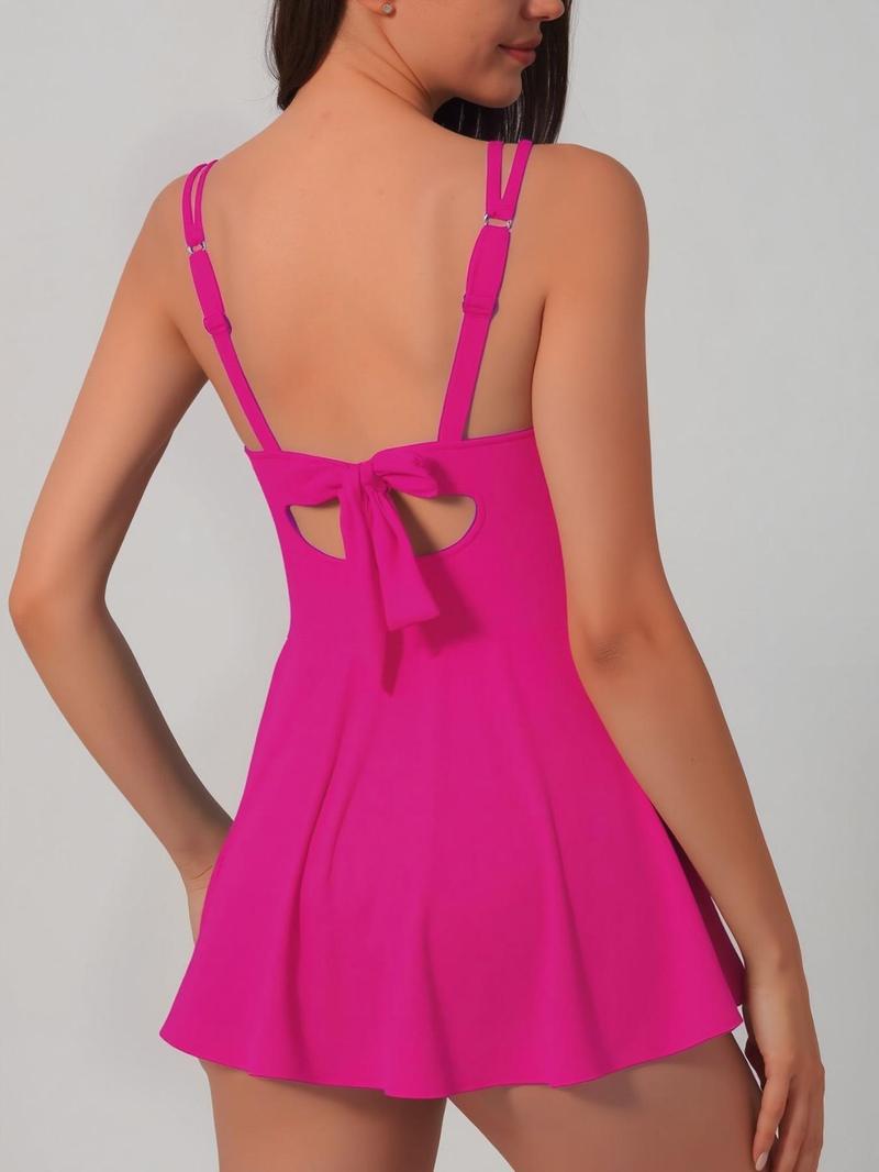 Women's Solid Color Scallop Trim Deep One-Piece Swimsuit, Casual Comfortable Adjustable Strap Tie Back Backless Sleeveless Swimwear for Beach Holiday Vacation