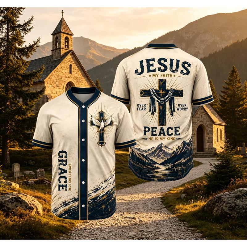 Men's Jesus Print Short Sleeve Casual Baseball Jersey - Regular Fit Male Clothing, Professional Sports Top for Baseball Games, Spring Summer Essential (7th July Independence Day, USA 250, TikTokMadeMeBuyIt, TikTokShop)