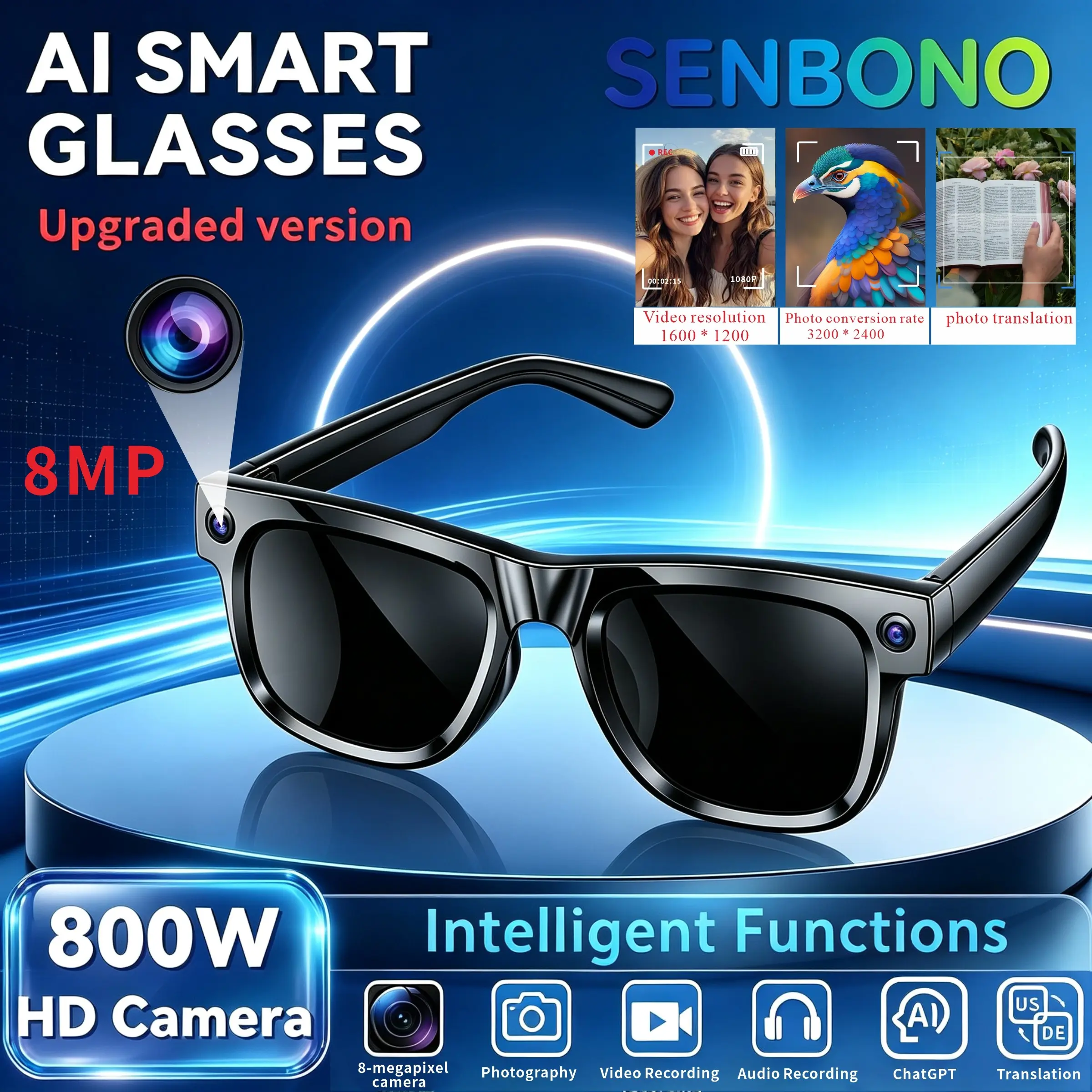 1080P smart video glasses, supporting real-time translation in 165 languages, wireless music calling+high-definition video recording, and an 8-megapixel ultra wide angle camera. Suitable for bicycle/driving recording, outdoor fishing, work, travel