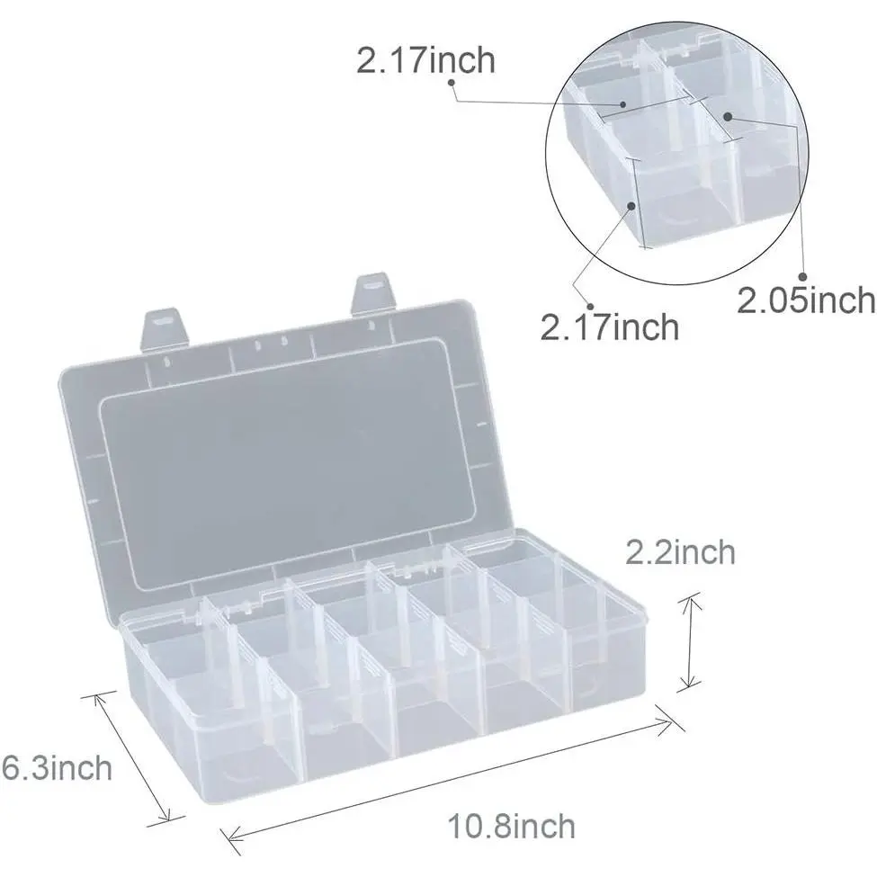 2 Pack Plastic Small Crafts Storage Boxes with Adjustable Dividers (15 Grid)