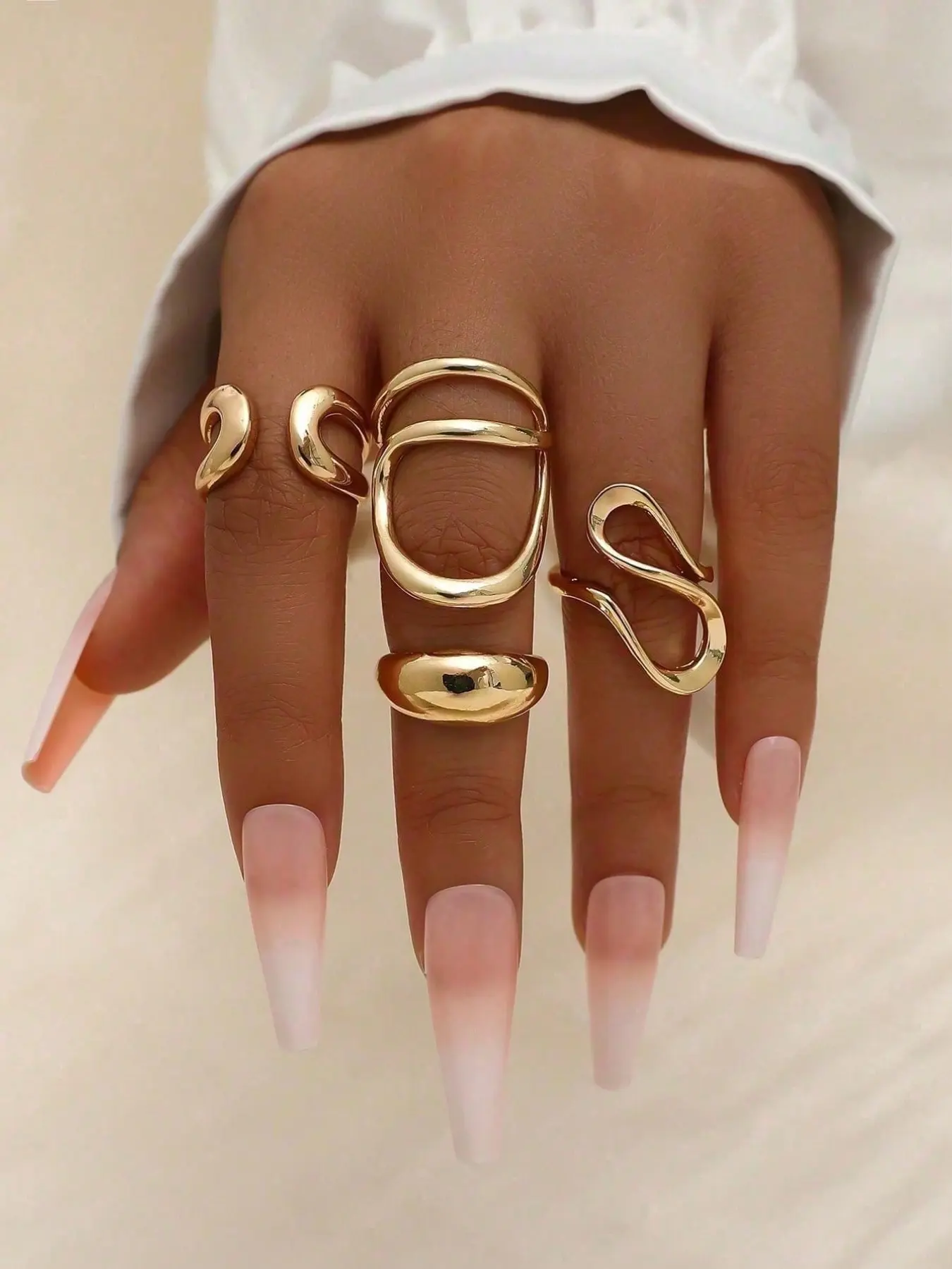 4-piece set of adjustable asymmetrical geometric hollowed-out abstract design gold rings with bohemian style, women's jewelry accessories, Bohemian stackable rings, Boho Style Rings, Stackable Finger Rings