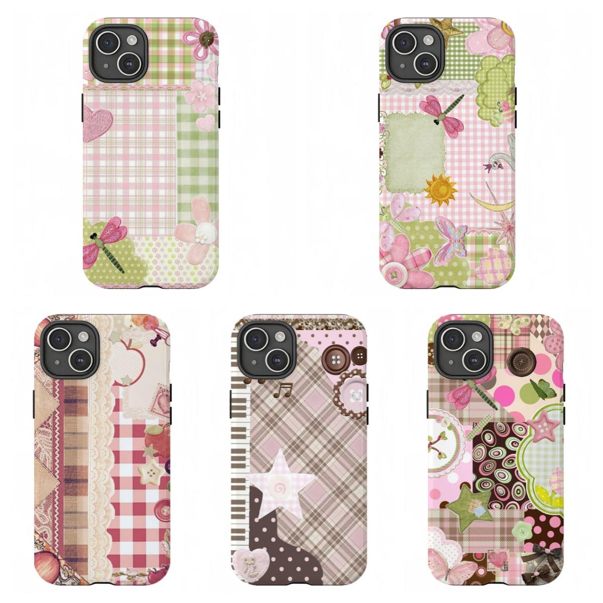 Cute Cottagecore Patchwork Phone Case|Pink Green Gingham Floral Protective Cover For iPhone 11 12 13 14 15 16 17 Pro Max For Samsung S26 S25 S24 S23 S22-Gift For Her/Him