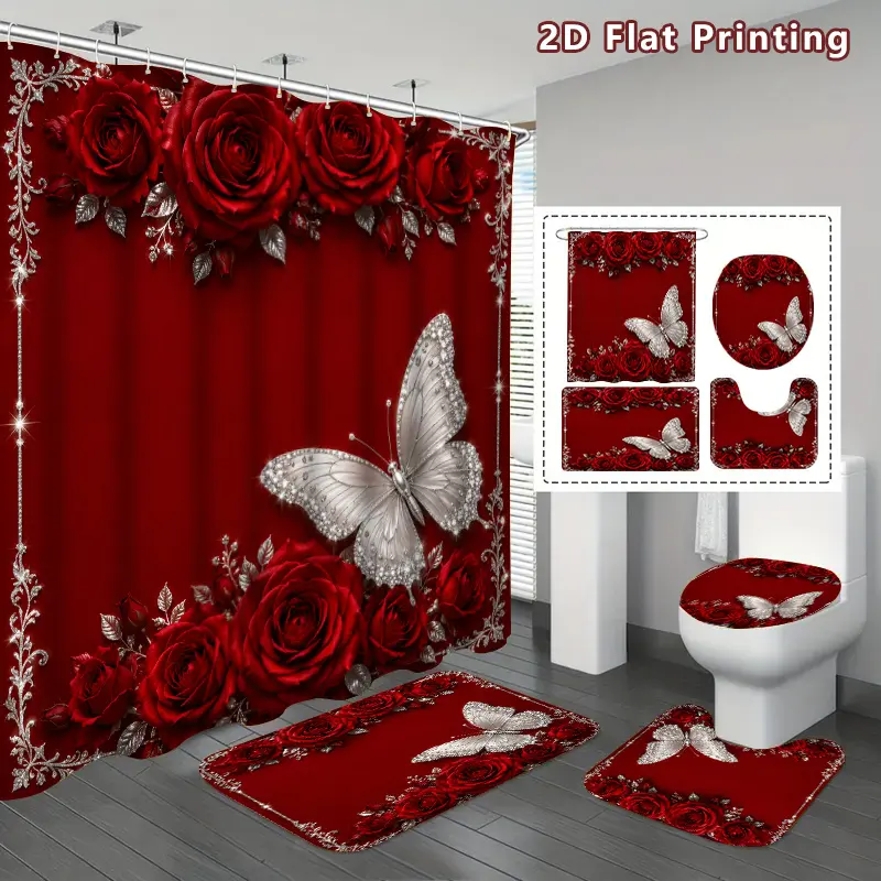 Red Rose and Silver Butterfly Shower Curtain Set, 4-Piece Set, Sparkling Butterfly and Red Rose Floral Bathroom Decor, U-Shaped Toilet Lid, Includes Shower Curtain Hook, Home Decor, Bathroom Decor
