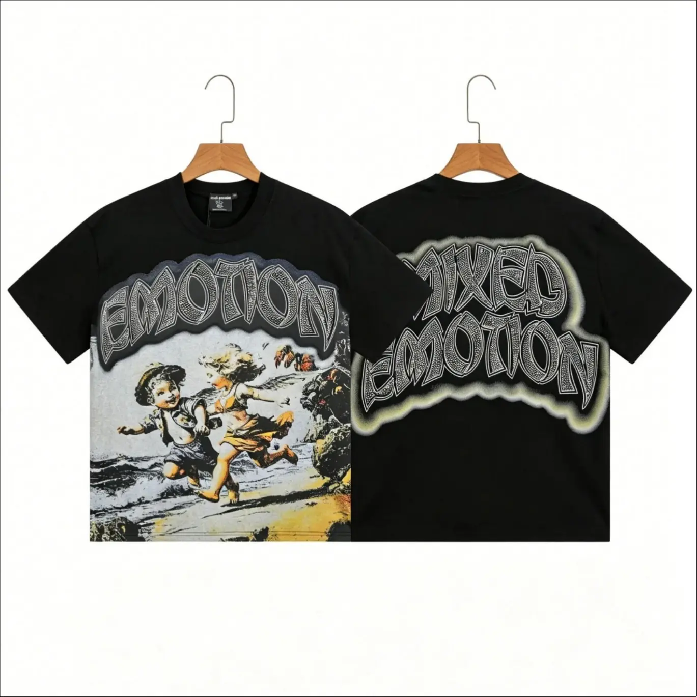 Mixed Emotion Diamond Angel Graphic T-Shirt Vintage Washed Oversized Heavyweight Cotton Rhinestone Gothic Grunge Y2K Streetwear Hip Hop Crewneck Summer Men Trendy Top