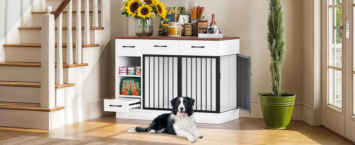 Valentine's Day gifts 71" Extra Large Dog Crate Furniture with Removable Divider & 4 Storage Drawers - Heavy-Duty Wooden Indoor Kennel TV Stand for 2 Dogs, Multi-Functional Pet Furniture for Large/Medium Dogs