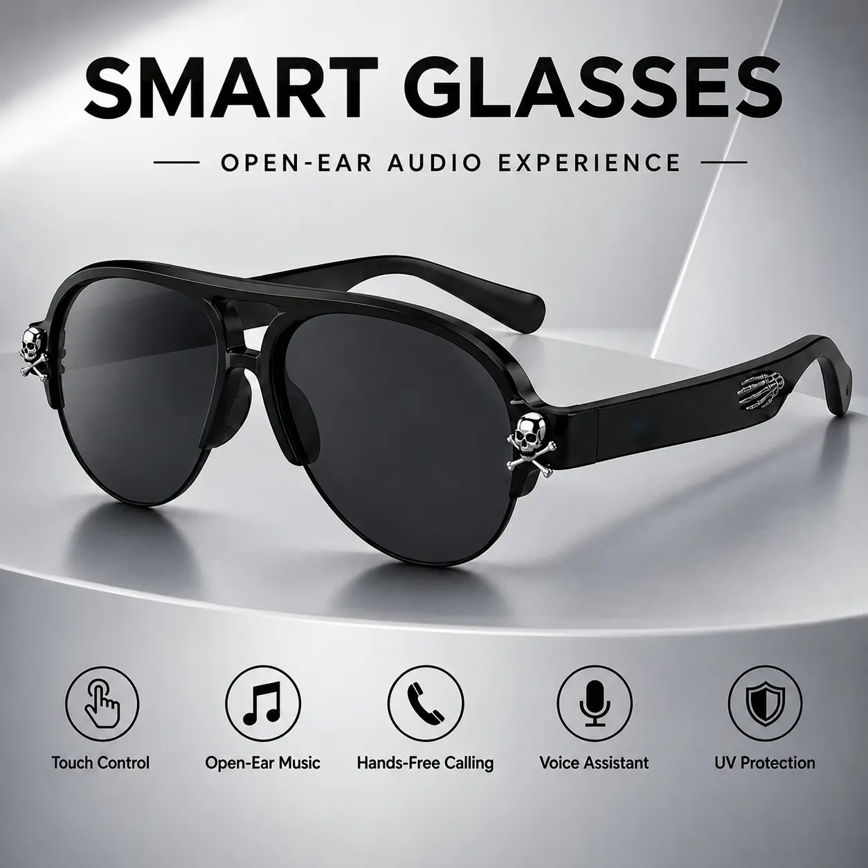 Skull Design Smart Glasses, Bluetooth Audio Sunglasses with Open-Ear Speakers, Built in Mic, Hands-Free Calls, Voice Assistant and UV Protection