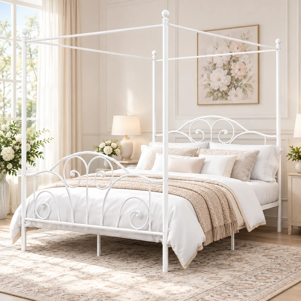 Four‑post metal canopy bed frame with headboard and footboard, sturdy slat construction, no box spring required