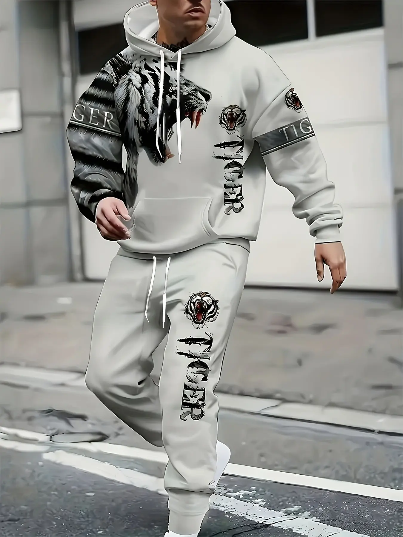 Men's 3D Tiger Pattern Hooded Sweatshirt and Jogger Set, Polyester Stretch Knit Sportswear, Casual Slim Fit Fall Winter