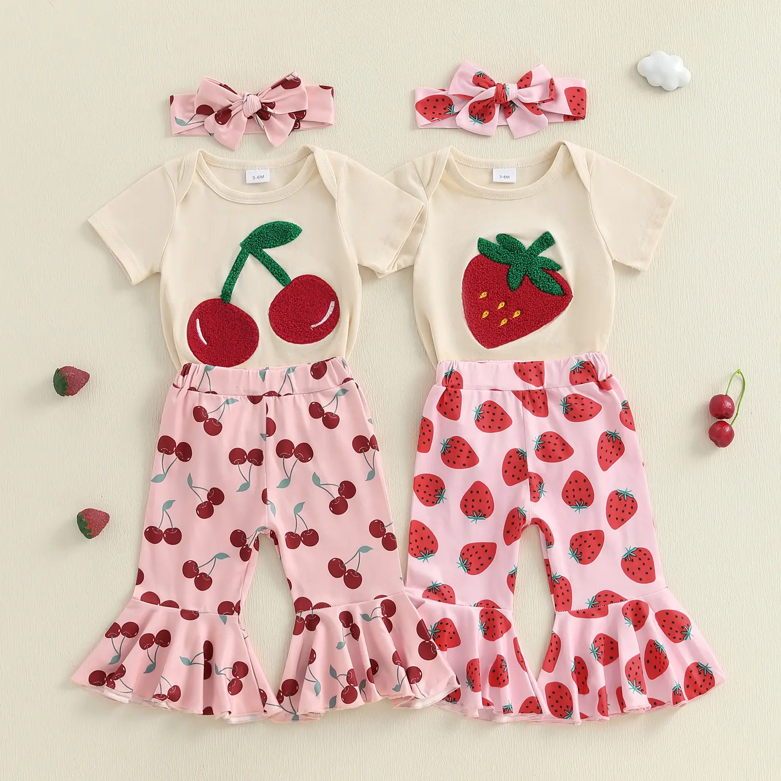 3Pcs Infant Baby Girl Strawberry/Cherry Outfits Short Sleeve Crew Neck Romper + Flare Pants + Bow Headband Set Newborn Summer Clothes 0-18M