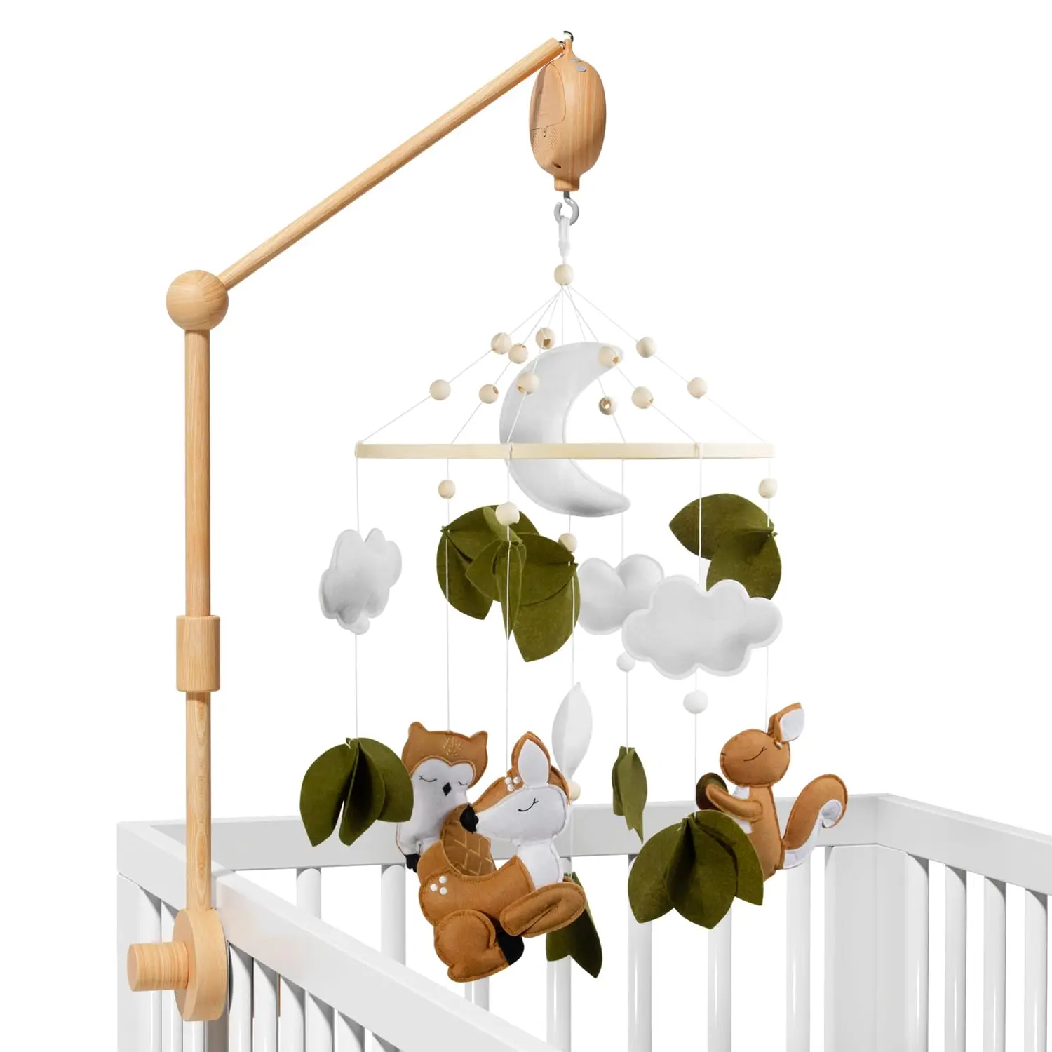 Woodland Animals Theme Bassinet Baby Nursery Mobiles with Modes Digital Music Box 3In1 Set-34 Inch Wooden Mobile Arm for Crib Mobile Hanger for Crib Baby Nursery Decor