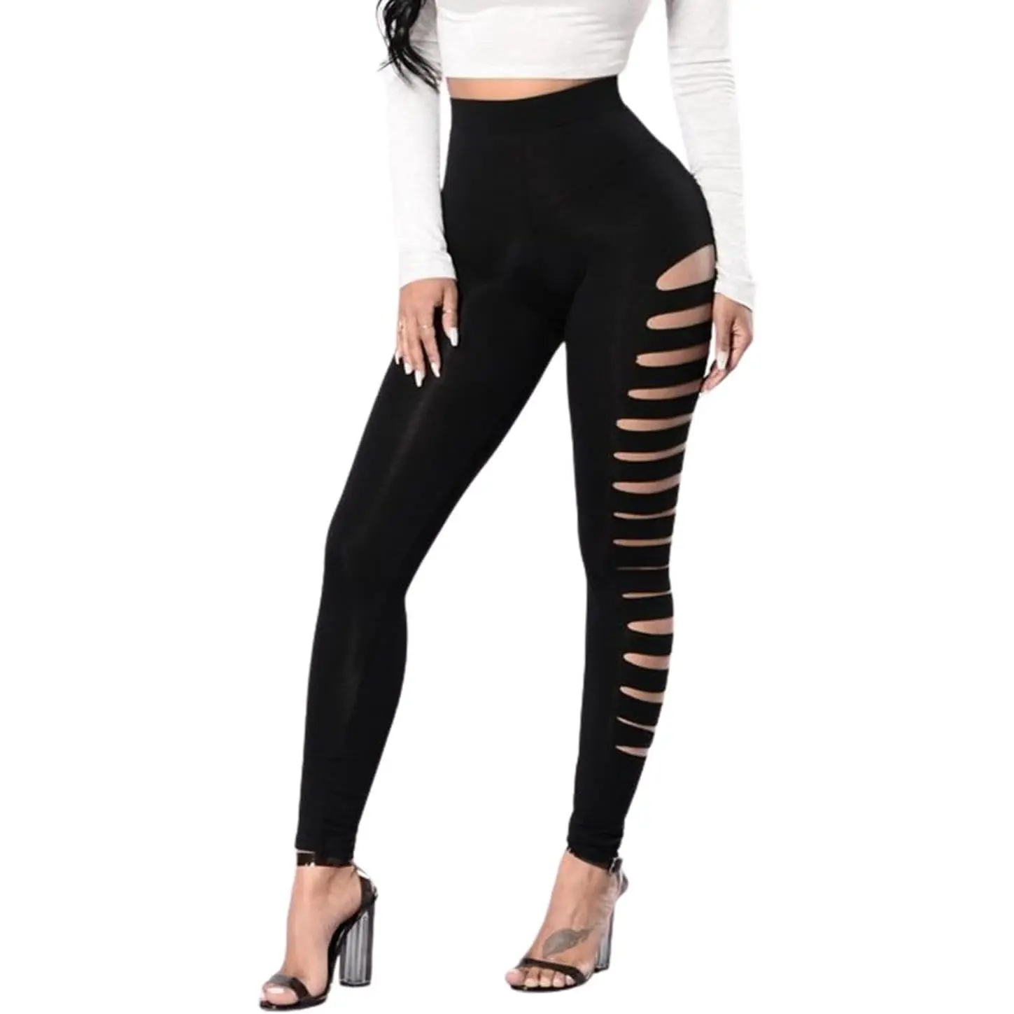 Womens Cut Out Ripped Leggings Sexy High Waist Workout Running Skinny Yoga Pants Elastic Waist