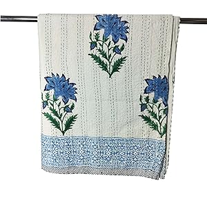 kanthaNtapestryart Indian Hand Block Print Kantha Cotton Kantha Throw Blanket Indian Bedspread Kantha Bed Cover Sofa Throw Bedspread Blanket (King/Queen Size 90x108 Inch), Blue