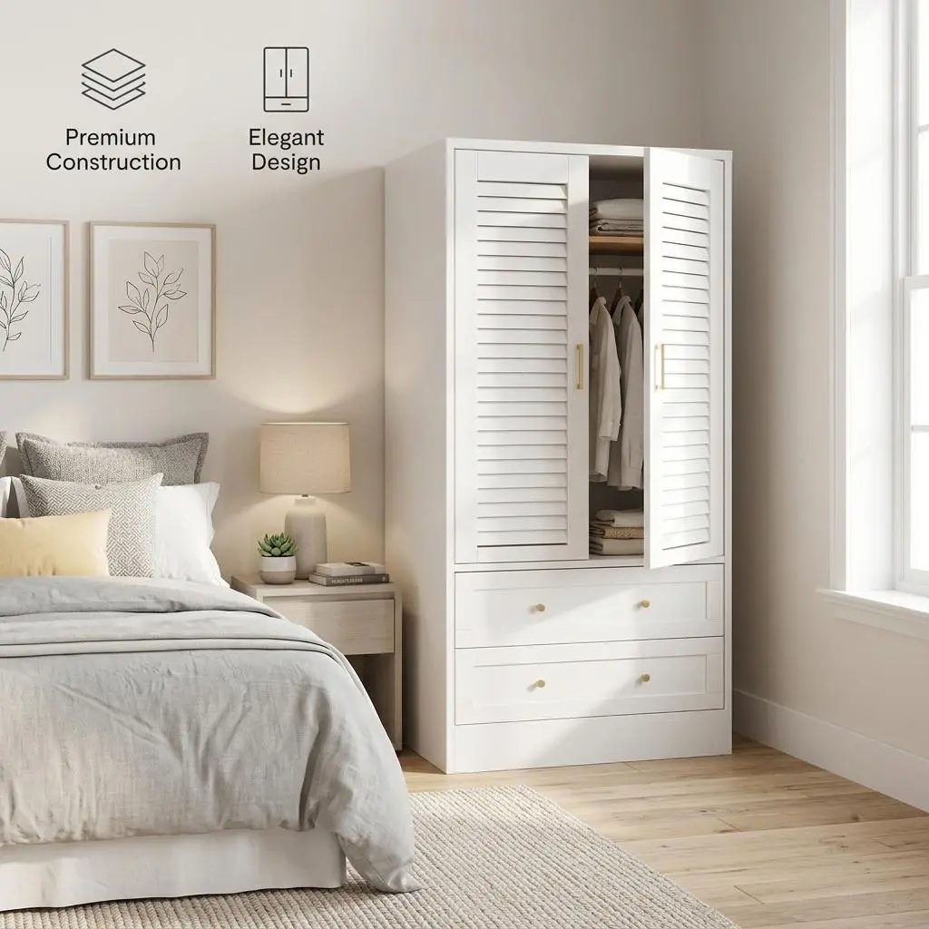 Spacious 65" Composite Wood Wardrobe Closet – Louvered Double Doors, 2 Drawers, Hanging Rod, Large Multi-Functional Storage Cabinet for Bedroom, Entryway, Laundry, or Cloakroom – Durable, Modern Design